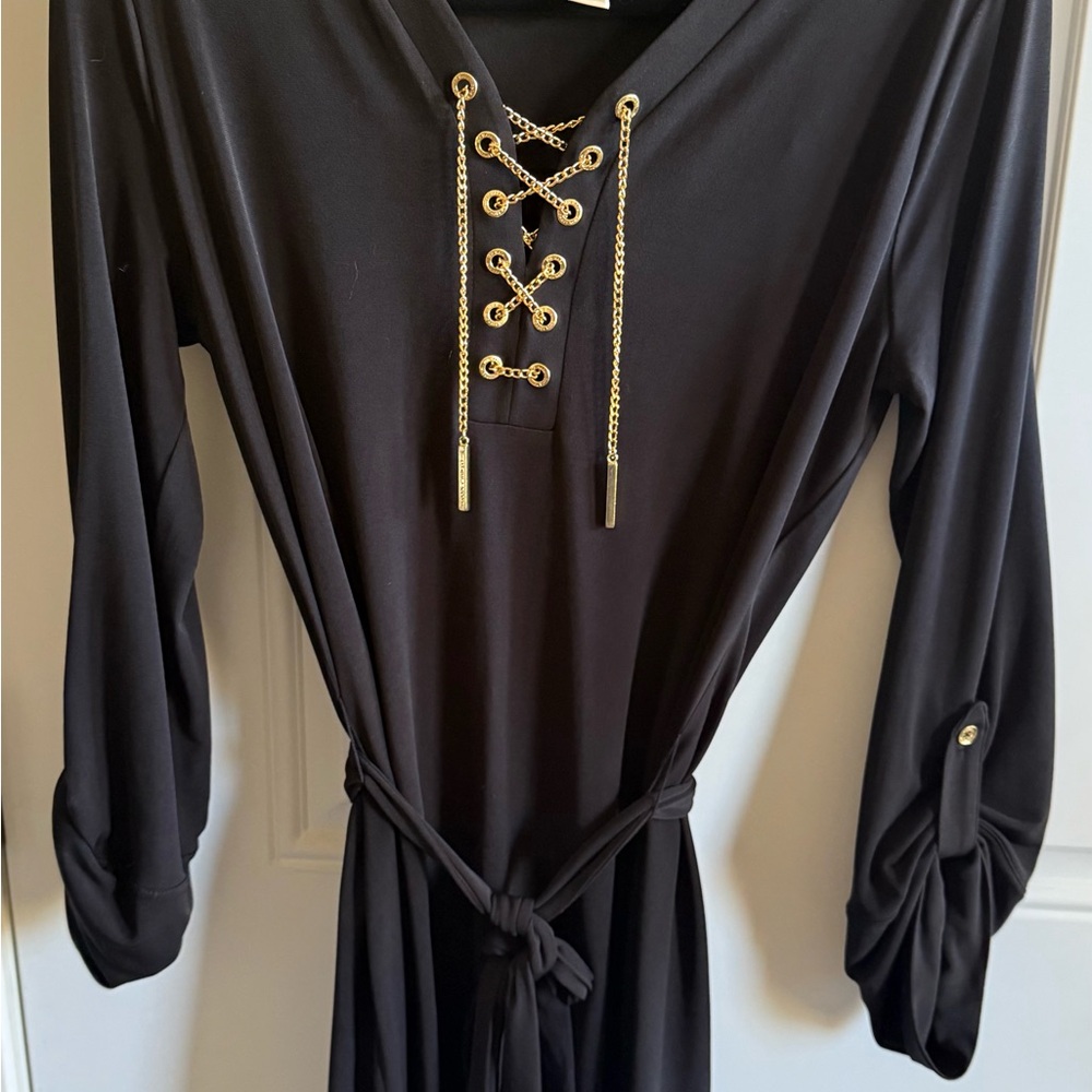 Michael Kors Black Long Sleeve Dress with Gold Chain Accents